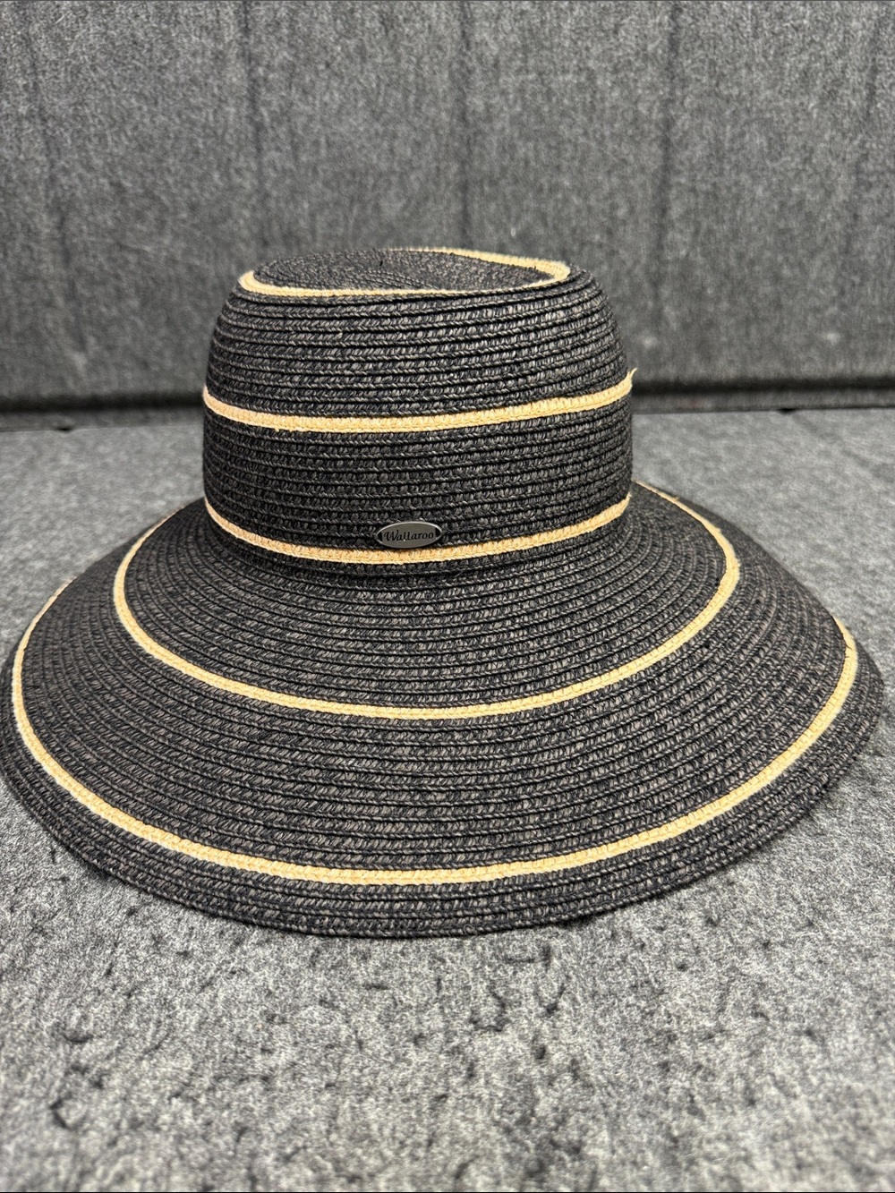 Wallaroo Black Wide-Brim Straw Sun Hat with Natural Stripe